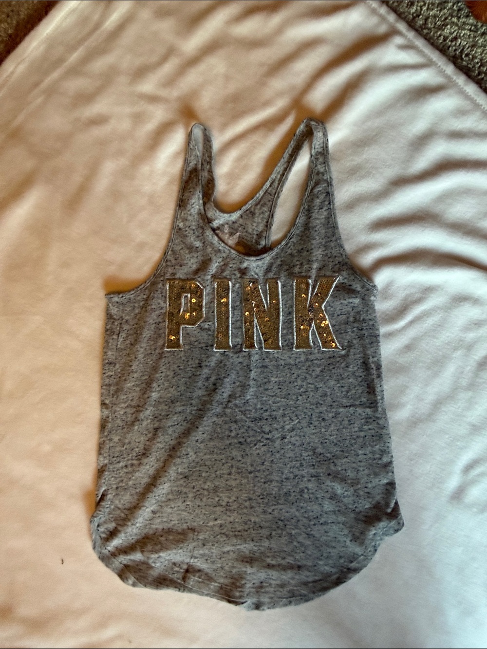 PINK Victoria's Secret Heather Gray Racerback Tank with silver Logo